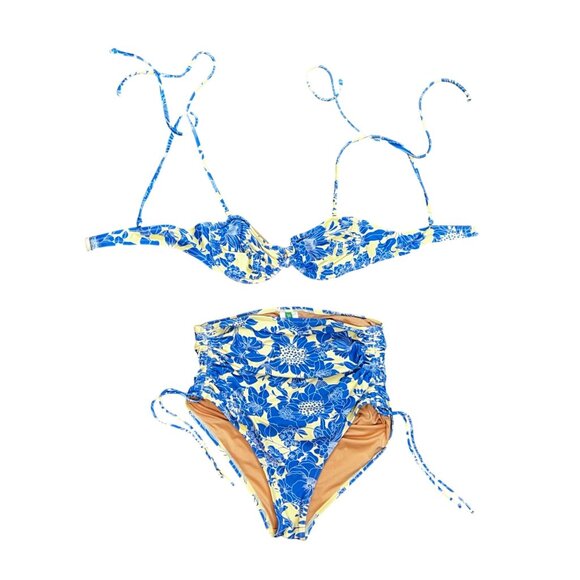 J.Crew Ruched high-rise bikini bottom Small with Top 36A Blue Floral Tropical - Picture 2 of 9